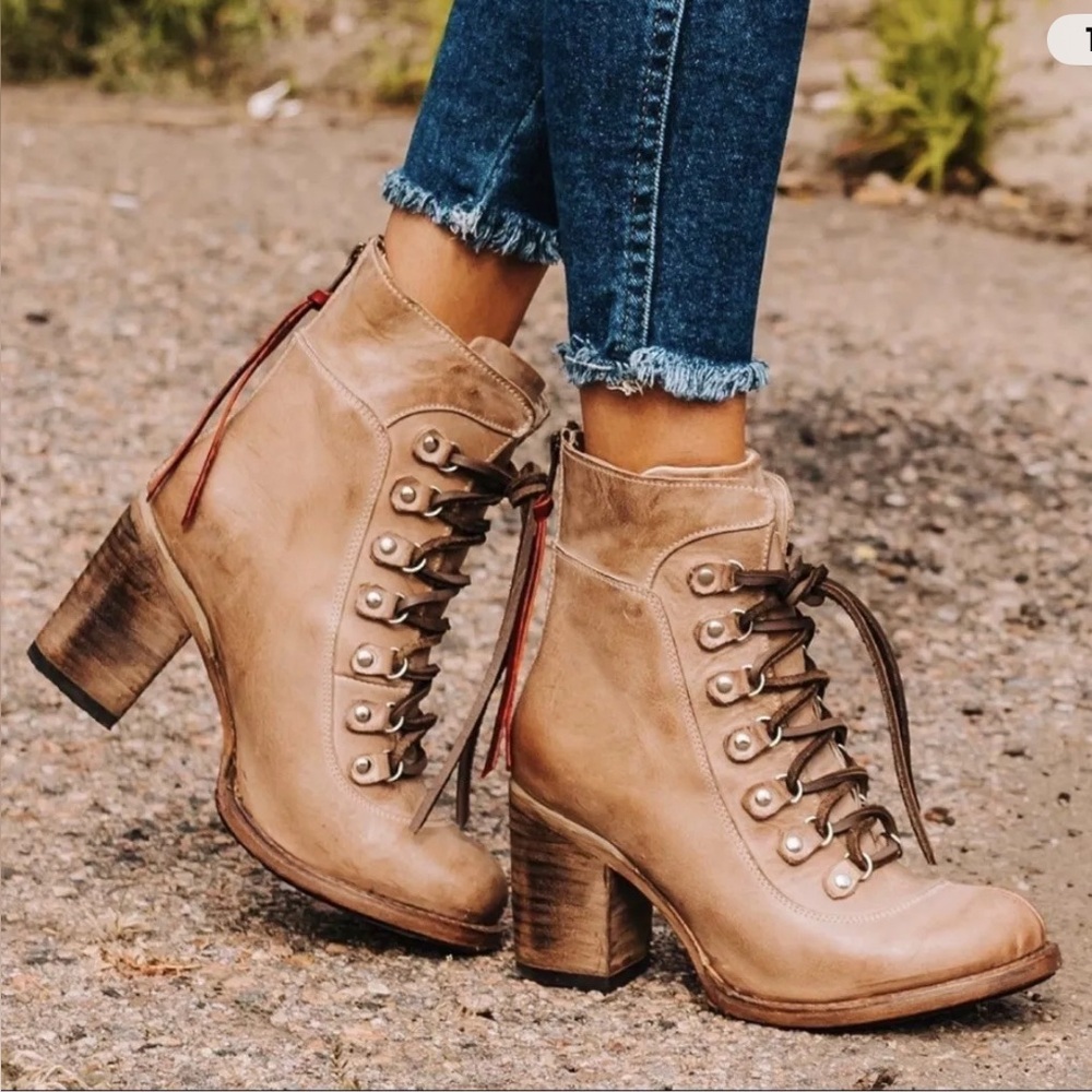 freebird Tan Lace-Up Block Heel Ankle Boots